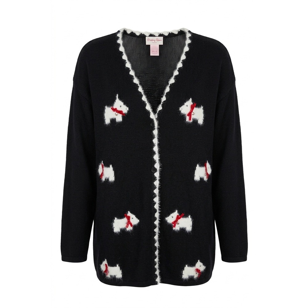 Crystal Kobe Woman 3X Vintage‎ Scottie Dog Cardigan Sweater Black 90s Y2K Angora